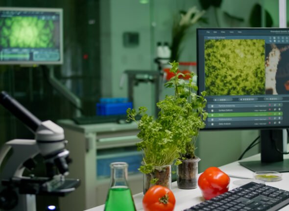 Close up of scientific research laboratory with glass test tubes, flask, microscope